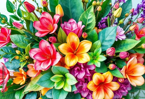 Vibrant watercolor blooms, leaves, and stems in a lush bouquet,  wildflower,  hand-painted