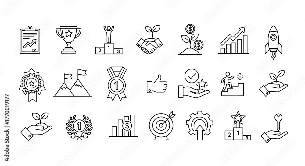 Fototapeta premium Business success achievement and financial growth thin line icon set. EPS Editable