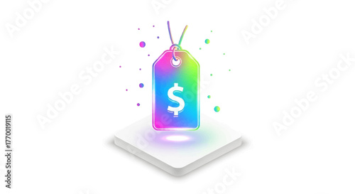 Vibrant price tag with dollar symbol glows brightly on modern pedestal, signifying value and opportunity