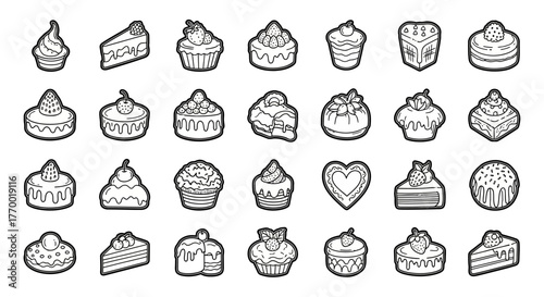 Black and white line art icon set of various delicious cakes and desserts. EPS Editable
