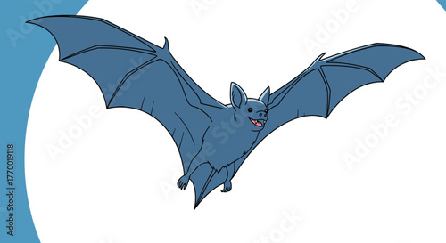 A cute blue bat with large wings, smiling and flying gracefully against a clean white background with a subtle blue border.