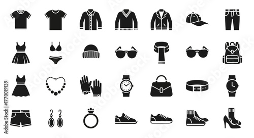 Black silhouette clothing and fashion accessories icon set isolated on white background. EPS Editable