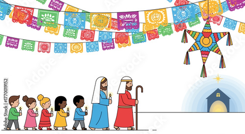 A holiday parade with children Mary  Joseph carrying candles under a string of colorful papel picado  a starshaped piñata