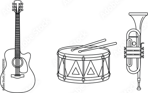 Acoustic guitar, snare drum, trumpet, musical instruments set, music tools, sound production, band equipment, isolated vector, flat illustration