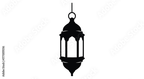 Elegant black silhouette of a traditional moroccan lantern hanging against a white background silhouette