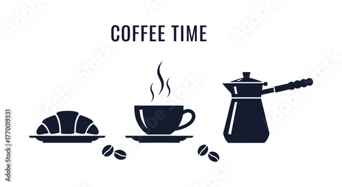 Enjoying a delicious morning coffee break with a croissant and coffee beans silhouette