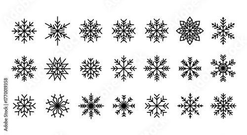 Collection of Detailed Black and White Snowflake Designs for Winter Holiday Decorations. EPS Editable