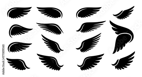 Collection of Diverse Black Angel Wings Silhouettes Isolated on White Background. EPS Editable