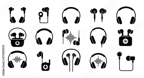Collection of Diverse Headphone and Earbud Icons Representing Audio Technology. EPS Editable