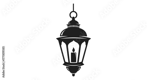 A classic ornate hanging lantern with a lit candle inside depicted in a stark black silhouette against a white background