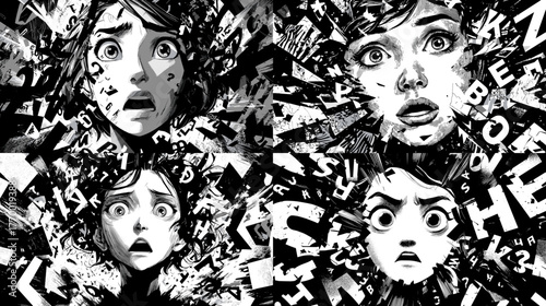 Expressive emotional portrait in black and white showing a woman's shocked face surrounded by chaotic abstract letters. Dramatic surreal art about confusion and anxiety.
