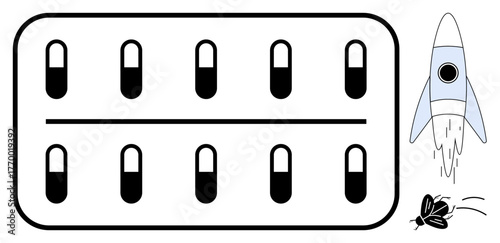 Medicine capsules in a blister pack with a rocket launch next to it, symbolizing innovation, progress, and health. Ideal for healthcare, technology, science, medicine, innovation wellness