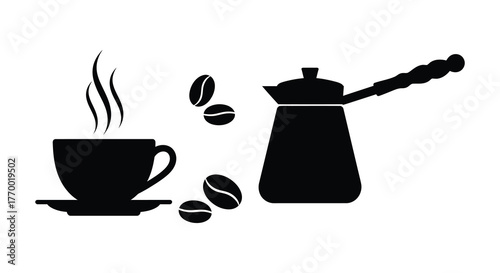 A steaming cup of coffee with coffee beans and a turkish coffee pot silhouette