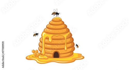 A vibrant cartoon image of a busy beehive, overflowing with sweet golden honey, attended by active bees against a clean white backdrop.