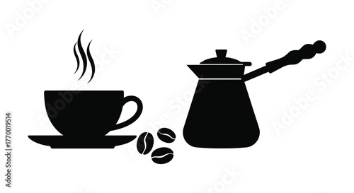 A steaming hot cup of coffee with a cezve and coffee beans in a minimalist black silhouette style