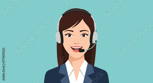 A friendly female customer service representative with a headset and microphone smiles, ready to provide support.