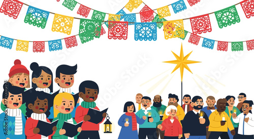 A multiethnic crowd holds candles and songbooks under colorful flags and a large star