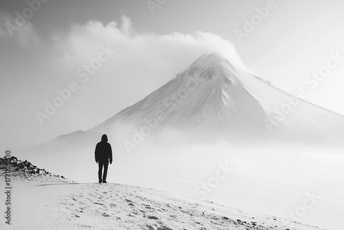 A lone volcano stands boldly against a pristine white backdrop, its formidable silhouette exuding raw geological power