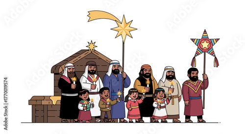 A Nativity scene illustration of a parade near a manger complete with stars and candles