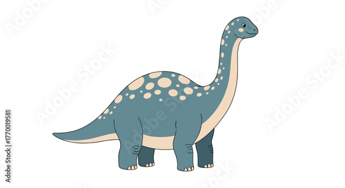 An adorable cartoon long-necked dinosaur, colored in blue-green with distinctive light cream spots, stands cheerfully on a clean white background.