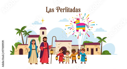 A Nativity scene illustration with Mary Joseph children a star buildings a piñata palm trees and Las Perlitadas text