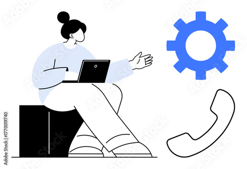 Person sitting with laptop extends hand near gear and phone receiver. Ideal for tech support, communication, business operations, service management, troubleshooting, customer relations