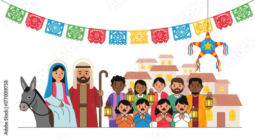 A Nativity scene with Joseph Mary on a donkey children and lanterns beneath colorful paper banners and a piñata