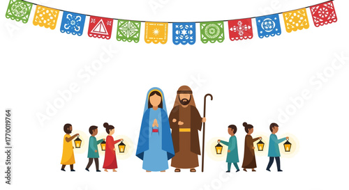 A Nativity scene with Mary and Joseph accompanied by children carrying lanterns under a colorful banner