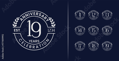 Set of birthday number logo design. 11, 12, 13, 14, 15, 16, 17, 18, 19, premium anniversary symbol with wheat and elegant concept. Years badge vector template