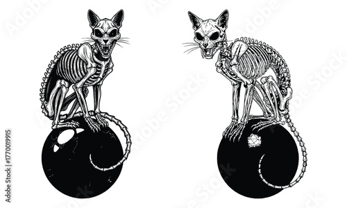Spooky skeleton cat companions sitting on shiny dark spheres art