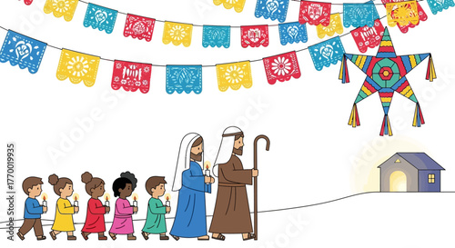 A posada procession Children Mary Joseph and banners walk towards a house