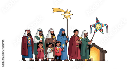 A procession holds candles a star on a stick a piñata approaching a structure