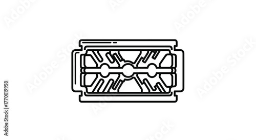 Black and white line art illustration of a double-edge safety razor blade with intricate internal design.