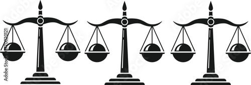 Balance scale silhouette icon set, justice law symbol, equality concept, legal fairness design, black vector isolated on white background