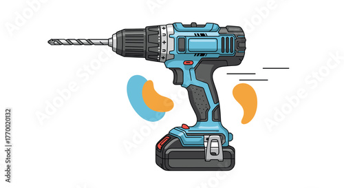 A modern blue and black cordless electric drill with a battery and a drill bit, depicted in a clean vector illustration for construction and home improvement.