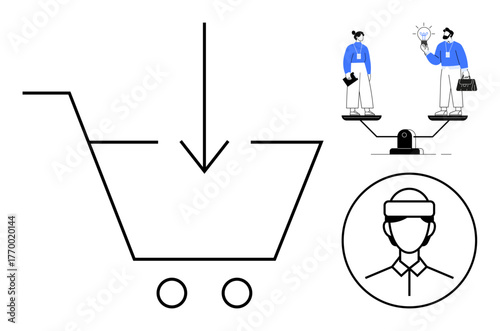 Shopping cart with downward arrow, balanced scale with figures exchanging ideas, profile with headset. Ideal for e-commerce, decision-making, teamwork, user profile, customer service, innovation