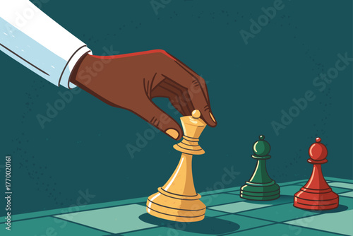 Close-up of a triumphant player's hand strategically moving a chess pawn to the final winning square, showcasing intense focus and victory.