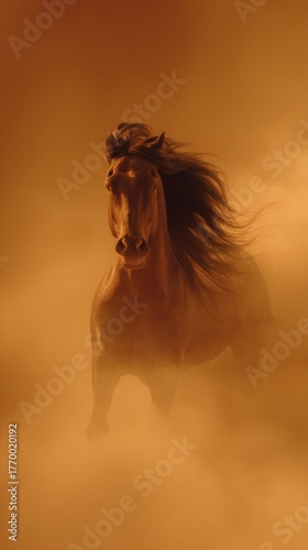 galloping. A majestic stallion galloping through desert haze, mane flowing in sunset light. inspiring travel planning, wildlife magazines, designed for eco-tourism storytelling.