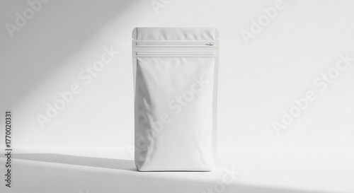 Blank White Stand-Up Pouch Packaging Mockup, Clean Studio White Background