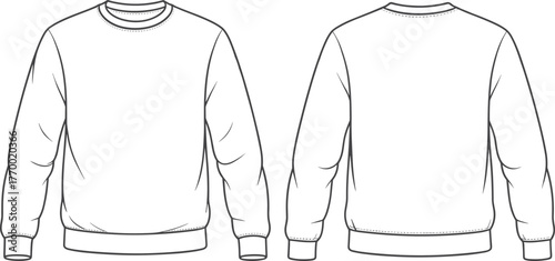 Blank crewneck sweatshirt front and back view, fashion sketch template, apparel design mockup, minimalist outline, ribbed cuffs and waistband