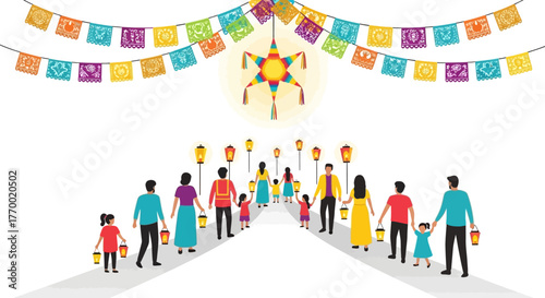 A street adorned with colorful papel picado banners above people carrying lanterns towards a glowing piñata