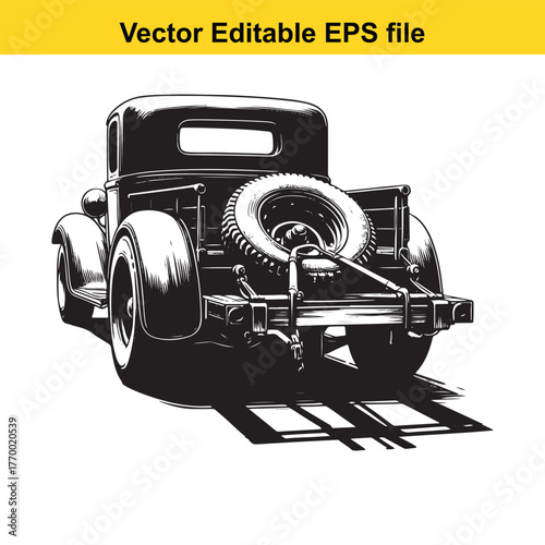 Black and white illustration of the rear of a classic pickup truck with a spare tire mounted, isolated on a