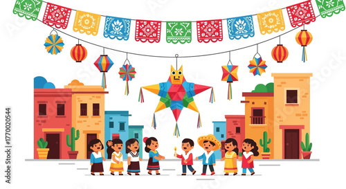 A street scene features kids buildings and decorations resembling a festive event