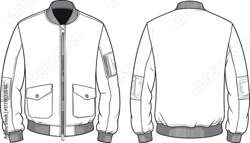 Bomber jacket technical fashion sketch, front and back view, vector illustration, garment design, zipper, sleeve pocket, ribbed cuffs