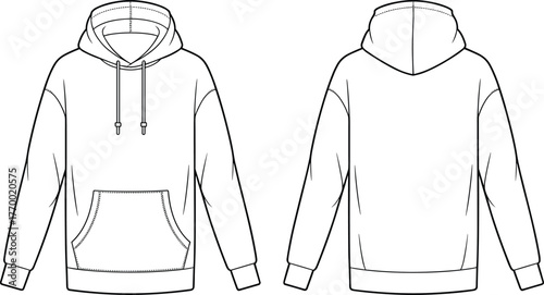 Oversized Pullover Hoodie Technical Flat Sketch Vector Template Outline Dropped Shoulder Kangaroo Pocket Design.