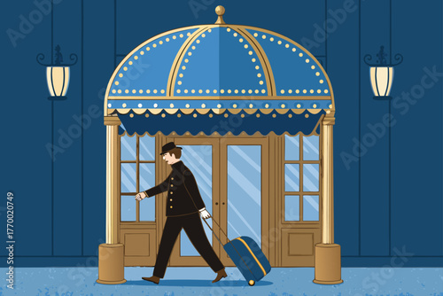 Hotel entrance canopy with bellboy carrying luggage.
