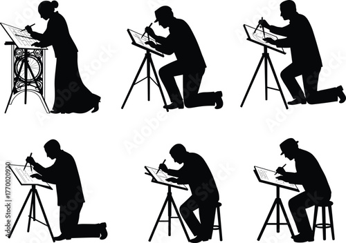CAD drawing flat vector illustration, silhouette people drafting, technical drawing posture, artist at work, engineering sketch, creative workspace, minimalist designCAD drawing 