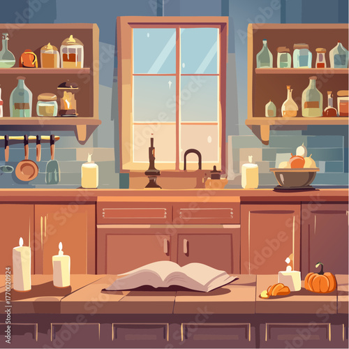 A cozy, rustic kitchen or apothecary with an open spellbook, lit candles, and potion bottles on shelves, creating a magical autumnal atmosphere.