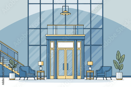 Bold outline of a modern hotel lobby with a glass elevator.