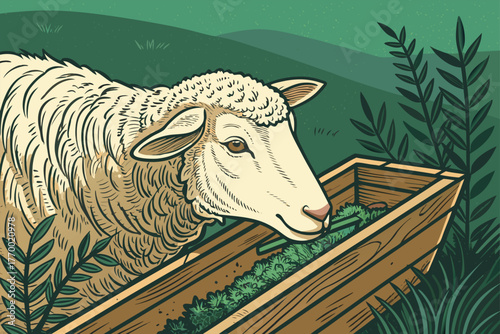 Detailed, ultra-realistic close-up of a sheep's muzzle, moist and focused, as it grazes from a weathered, rustic wooden trough filled with fresh, green hay. Flat lay composition, natural light.
